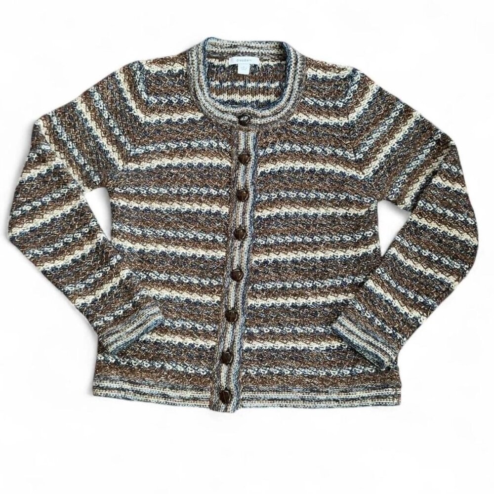 Vintage Dressbarn Silk Blend Buttoned Cardigan Blue‎ Cream Brown Stripe Small